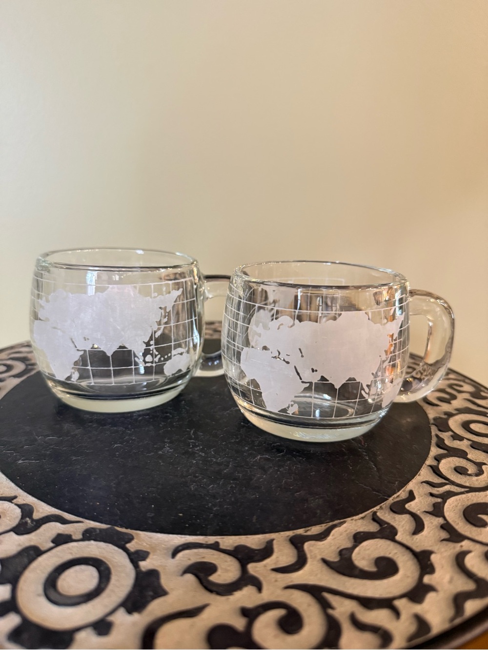 Nestle 1970’s Clear World Map Glass Mugs - Set of 2